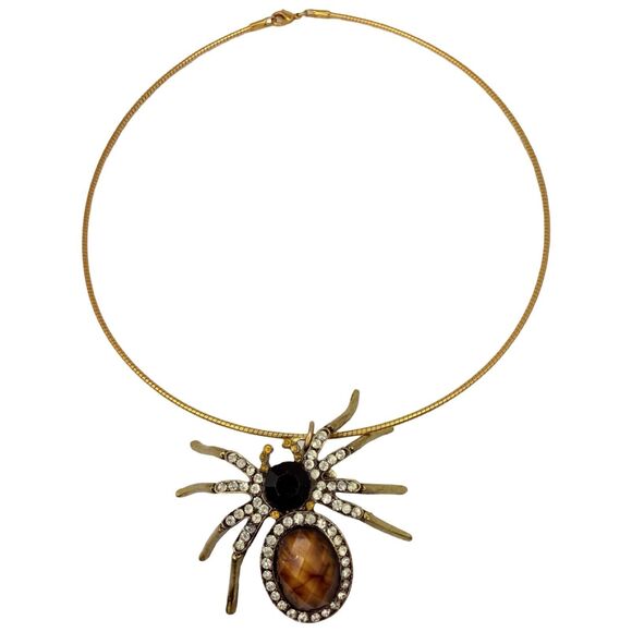Vtg Gold Tone Spider Pendant Choker Necklace 16.5" With Rhinestones Statement - Picture 6 of 12